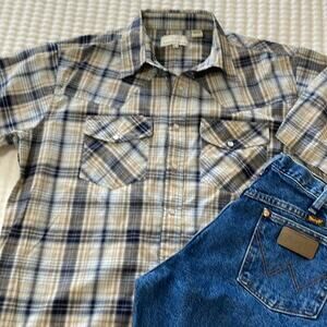 Men's Eagle Crest Plaid Pearl Snap Short Sleeve Western Shirt Size XLT